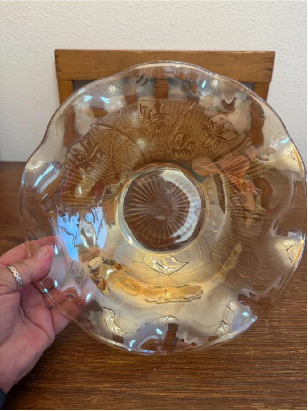 Vintage Amber Depression Glass Ruffled Console Bowl Etched Floral Serving -CH